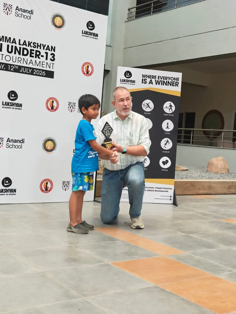 Riyaan with his runner-up trophy at the Namma Lakshyan Under-13 open