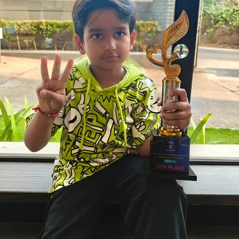 Riyaan Sidharth with his 5th-place trophy from the 34th RCC STS International FIDE Rated Rapid, Mangalore