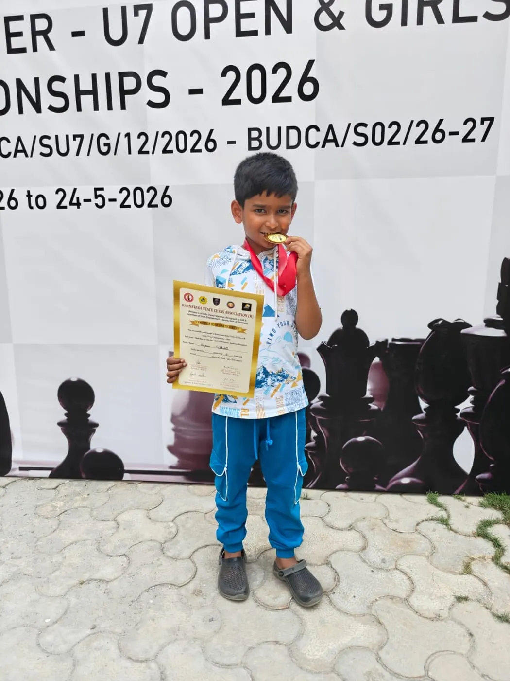 Riyaan Sidharth on the championship stage at the Karnataka State Under-7 Championship